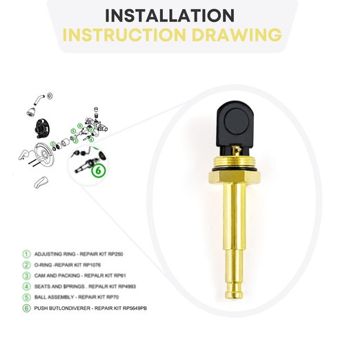 Tesidol RP5649PB Faucet Push Button Diverter Assembly,Polished Brass,Compatible with 1H Tub & Shower