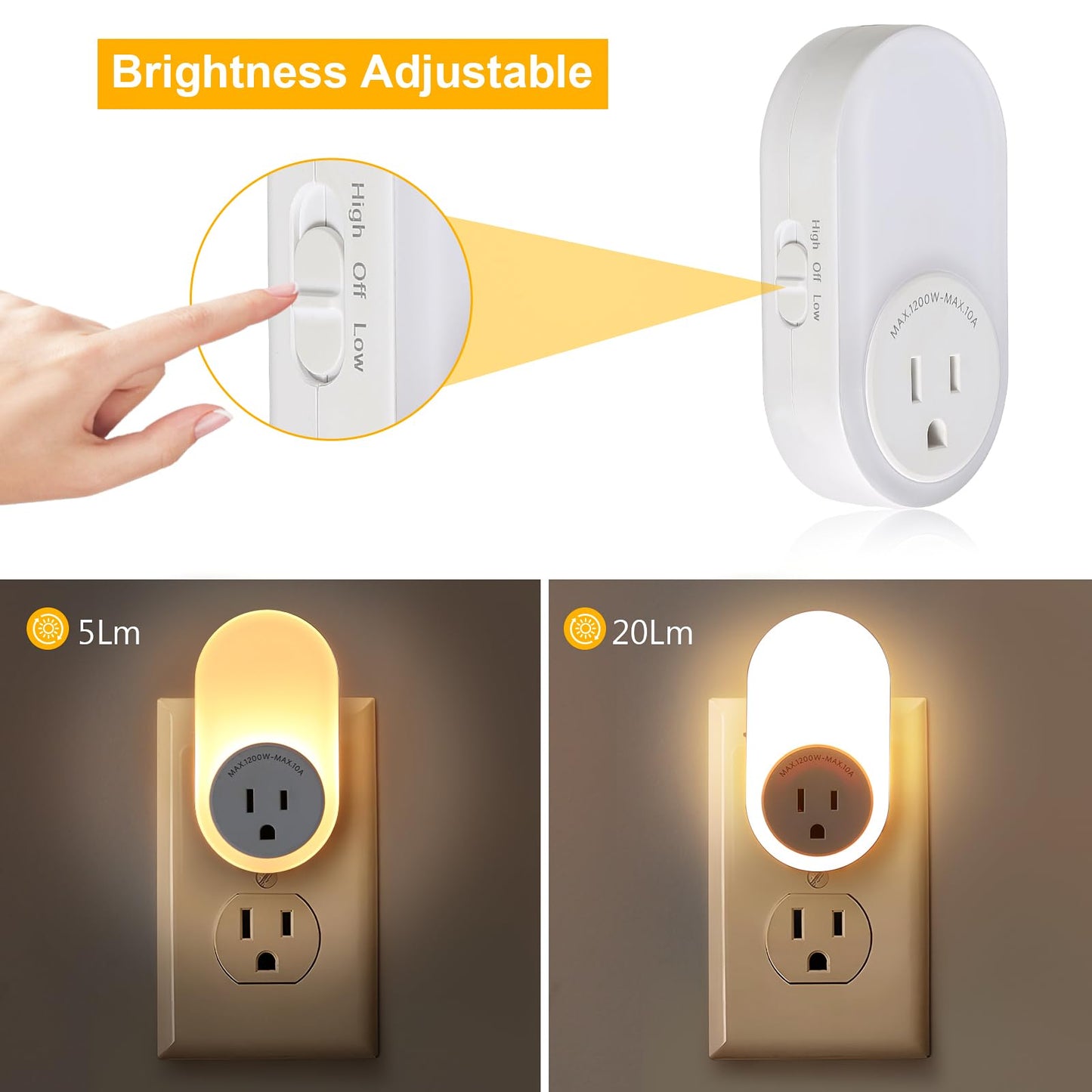 Dawnrise Night Lights Plug Into Wall, Dusk to Dawn Sensor Night Light with Power Outlet, CCT 2200K or 4000K, 5Lm or 20Lm Adjustable Brightness for Bedroom, Kitchen, Living Room, Office, 2PK