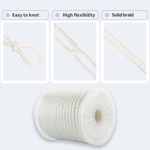 3/8 Inch Nylon Rope 100 Ft Solid Braid High UV and Abrasion Resistance, Multipurpose Tightly Braided Rope, Clothes Line, Flag Line, Marine and Outdoor Twine, Ideal for Indoor and Outdoor Applications