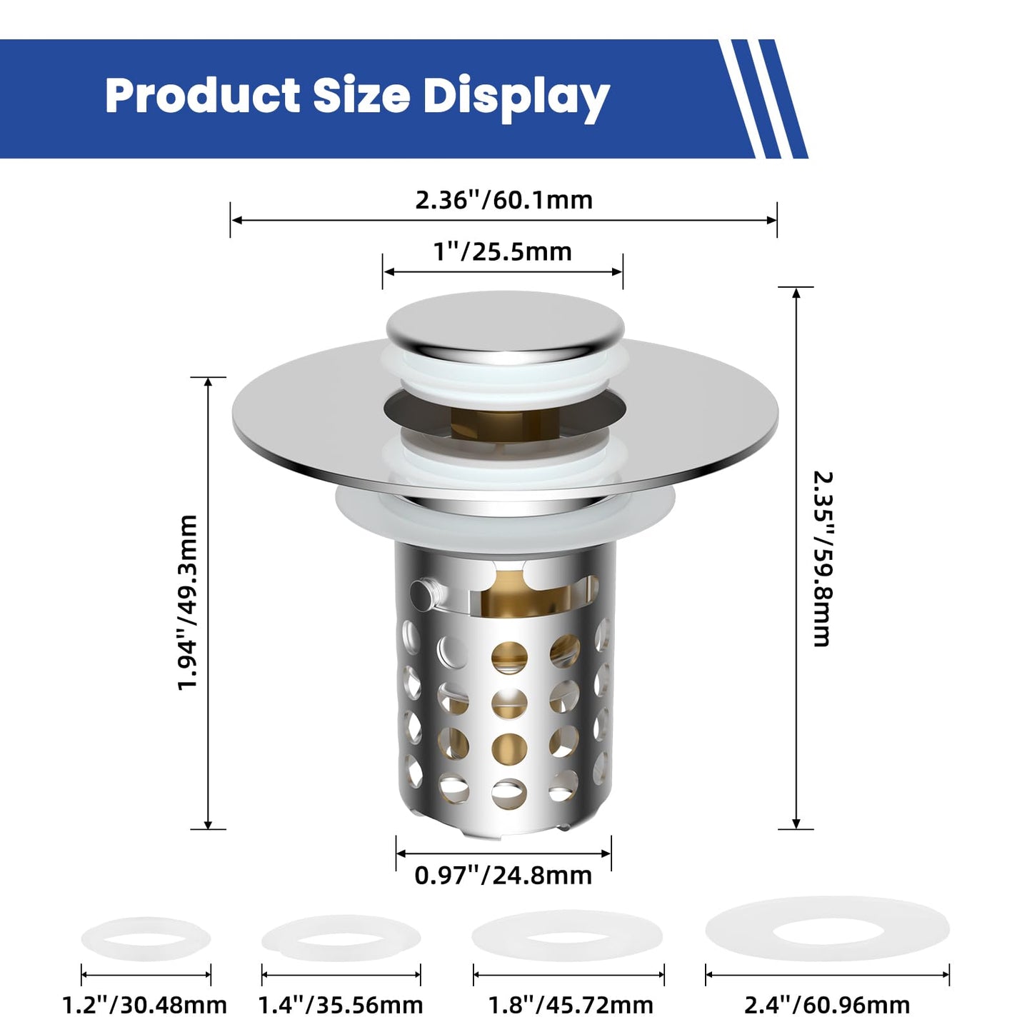 Hygie Rinse Upgraded Bathroom Sink Drain Strainer Hair Catcher with Removable Stainless Steel Filter Basket, 3 in 1 Universal Pop Up Sink Stopper for 1.1''~2.36'' Sink Basin Hole, Chrome