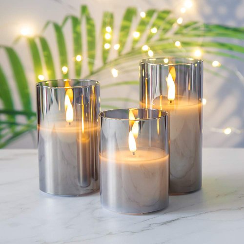 Eywamage Smoke Grey Glass Flameless Candles with Remote, Flickering Battery Operated LED Pillar Candles Set of 3