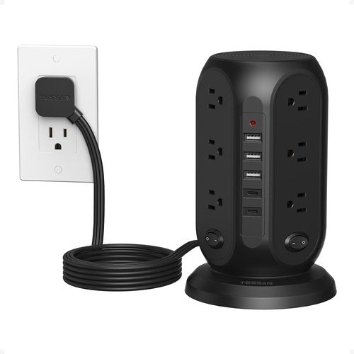 Black Surge Protector Power Strip with 4 Individual Switches, TESSAN USB C Charging Station Power Tower with Flat Extension Cord 10 Ft, 12 Outlets Black Extension Cord, Dorm Room, Office Accessories