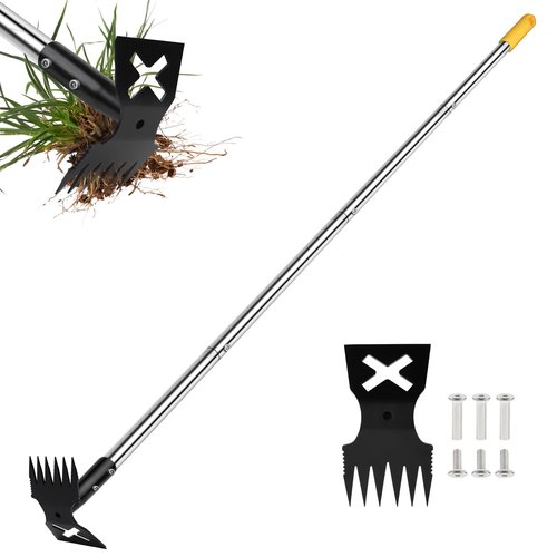 NICOFPHY Weed Puller Tool with Long Handle, 60" Manual Weeding Tools Gardening, 2 in 1 Hand Weed Rake and Hoe Garden Weeder Tool, Uprooting Pulling Weed Remover Tool for Yard, Patio, Lawn and Garden