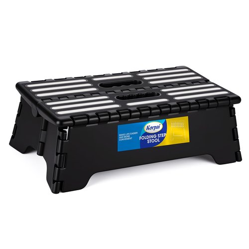 Korpai 5" Folding Step Stool for Adults and Kids 15-Inch Extra Wide Stool Holds Up to 300 lbs,Non-Slip Folding Stools with Handle,Compact Plastic Foldable Step Stool for Bathroom,Kitchen,ect, Black