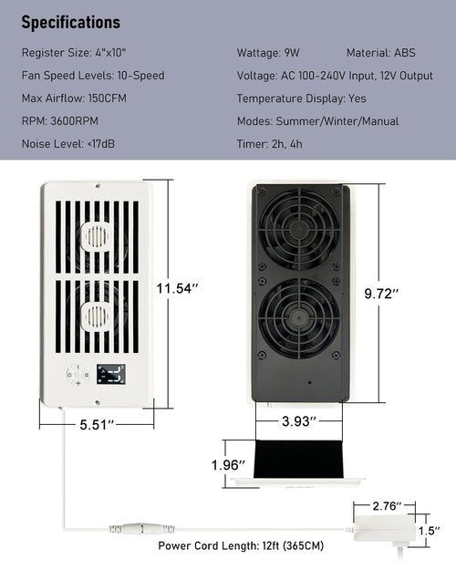 Smart Register Booster Fan for 4" x 10" Vents, Quiet 10-Speed AC Heating Cooling Vent Fan with 2 Scent Diffuser Slots & Remote, 3 Modes, LCD Screen, Thermostat Control, Ideal for Home, Bedroom (White)