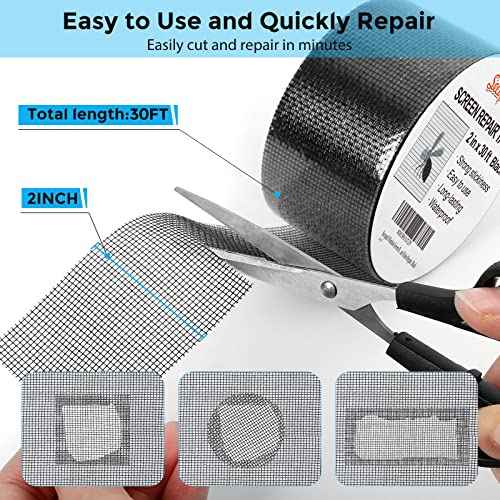 Black Window Screen Repair Tape, 2 in X 30 FT (360IN) Screen Repair Kit for Windows or Doors, Strong Adhesive Fiberglass Mesh Patch Tape