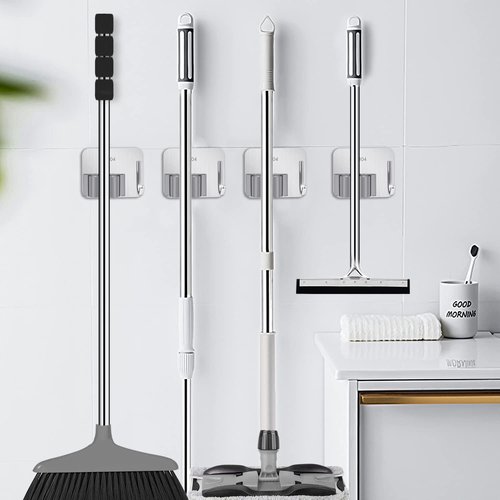 Broom Holder Self Adhesive No Drill Wall Mount Mop Broom Organizer with Hook Heavy Duty Stainless Steel Garden Tool Organizer Garage Storage and Organization Hanger (Silver + Grey)
