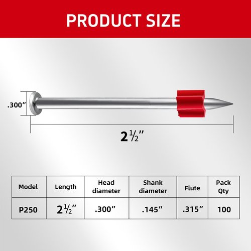 DECK DECO 2-1/2" Powder Actuated Fasteners with .300 Head .145" Shank and flute for Powder Fastening & Power Framing systems, 100 Pack