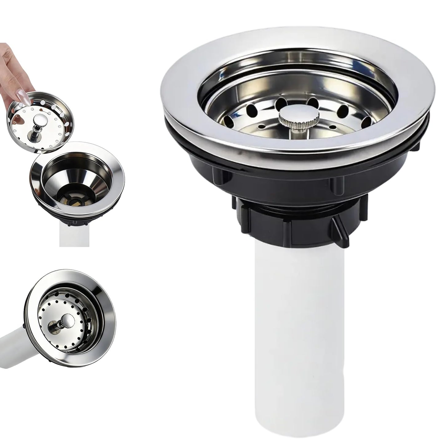 Kitchen Sink Drain Assembly, Stainless Steel Basket Strainer with Knob, 3-1/2 Inch Sink Drain Stopper Plug, Threaded Plastic Sink Strainer Tailpiece 1-1/2 in