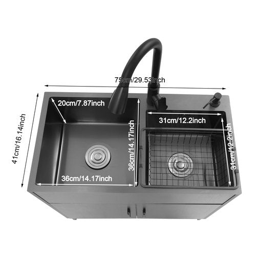 Laundry Sink w/Cabinet &Pull-Out Faucet, Kitchen Sink Cabinet w/Draining Basket, Stainless Steel Double Bowl Utility Sinks, Wash Station Tub for Kitchen Laundry Room(29.5''L*16.1''W*30.7''H) (Black)