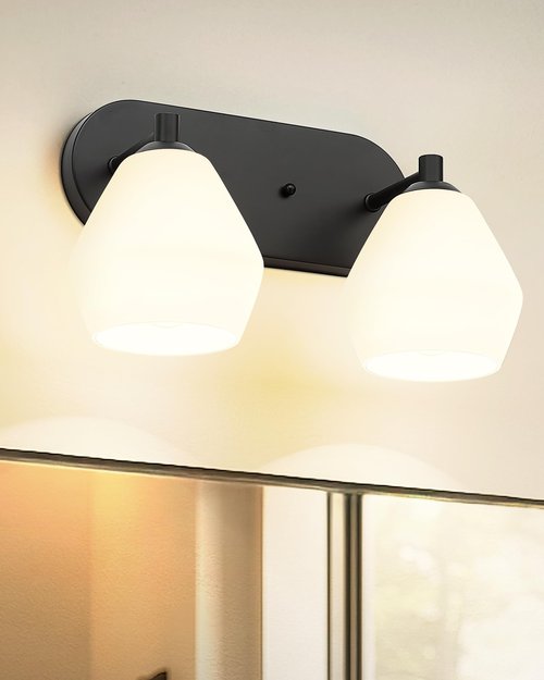 Emak Modern 2-Light Bathroom Vanity Light, Black Bathroom Light Fixtures with Milk Glass Shade, Farmhouse Vanity Lights for Mirror, Bath, VL129-BK-ML-2