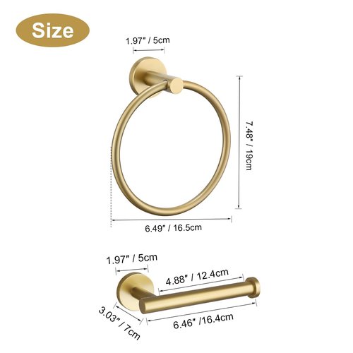 Smowfes Brushed Gold Bathroom Accessories Set - 2 Piece Wall Mounted Toilet Paper Holder & Hand Towel Ring, Durable Stainless Steel with Brass Finish, Rustproof Bathroom Hardware Installation Kit
