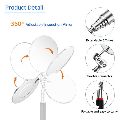 Frienda 2 Pieces Lighted Telescoping Inspection Mirror Flexible Retractable LED Automotive Extension Round Dental Mirror with Light Pickup Tools Valentine Birthday Gift for Men, Husband, Father