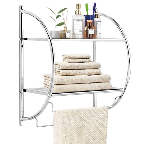Tangkula Wall Mount 2 Tier Bathroom Shelf with Bars, 18" W X 10" D X 22" H, Home Toilet Double Layer Rustproof Chrome Shelf