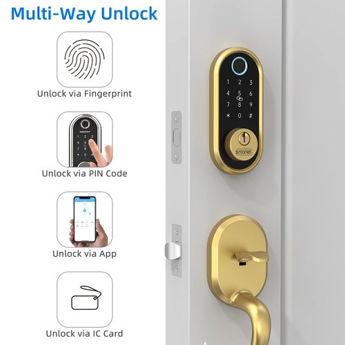 SMONET Smart Front Door Lock - Keyless Entry with Biometric Digital Touchscreen, Bluetooth, Alexa Compatible, Gold