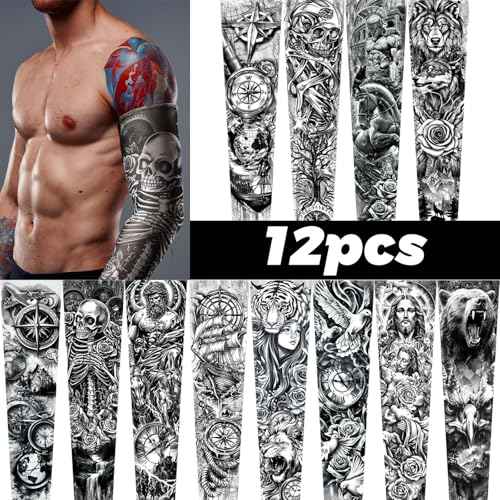 Boao 12 Pcs Temporary Tattoo Sleeve for Men Cooling Arm Sleeves Long Fingerless Arm Cover Anti Slip UV Protection Sun
