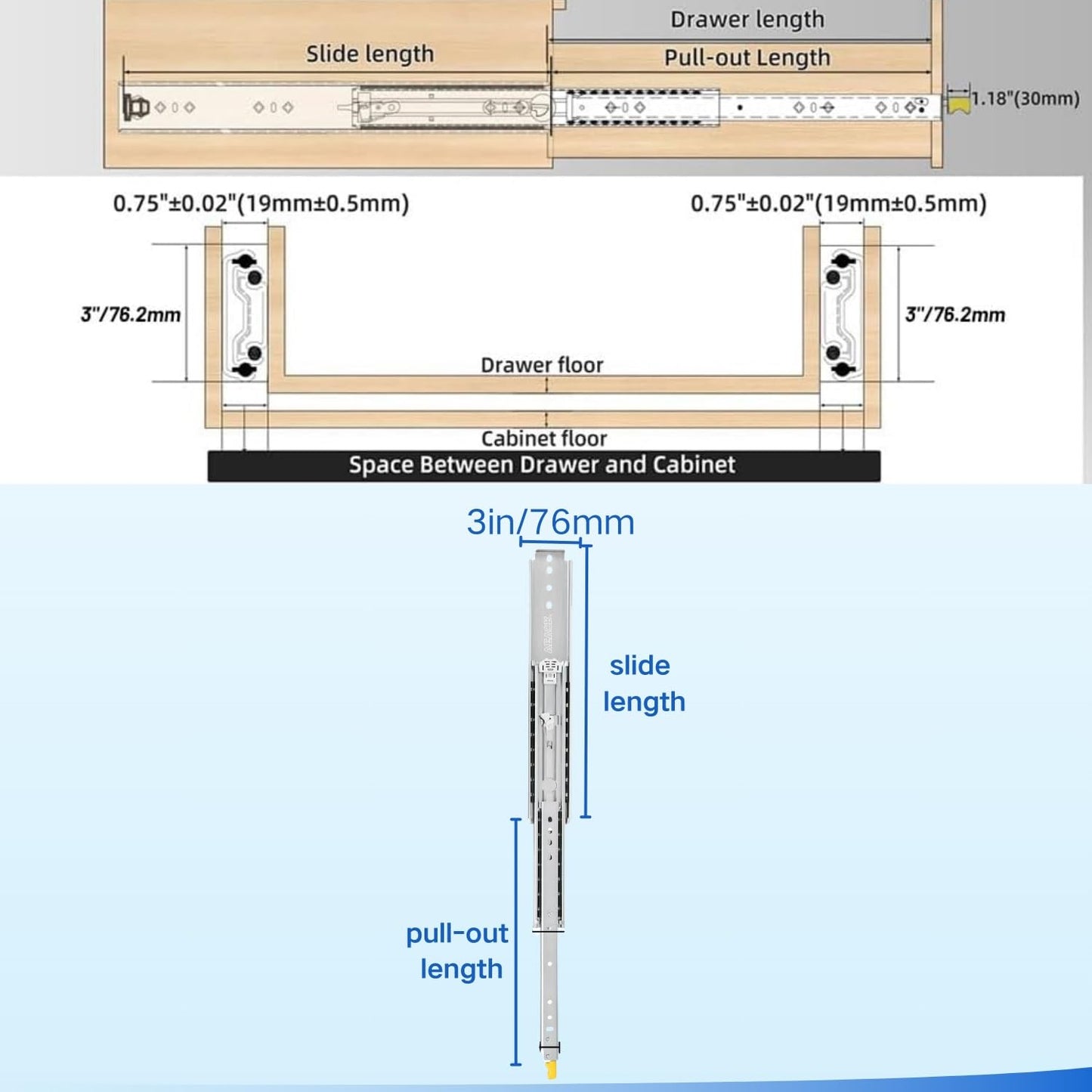 1 Pair Heavy Duty Full Extension Drawer Slides with Screws 12in 22in 36in 60in 72in 76in 80in 500 Lbs Load Capacity Locking Drawer Slides, Ball Bearing, Side Mount Drawer(68in)