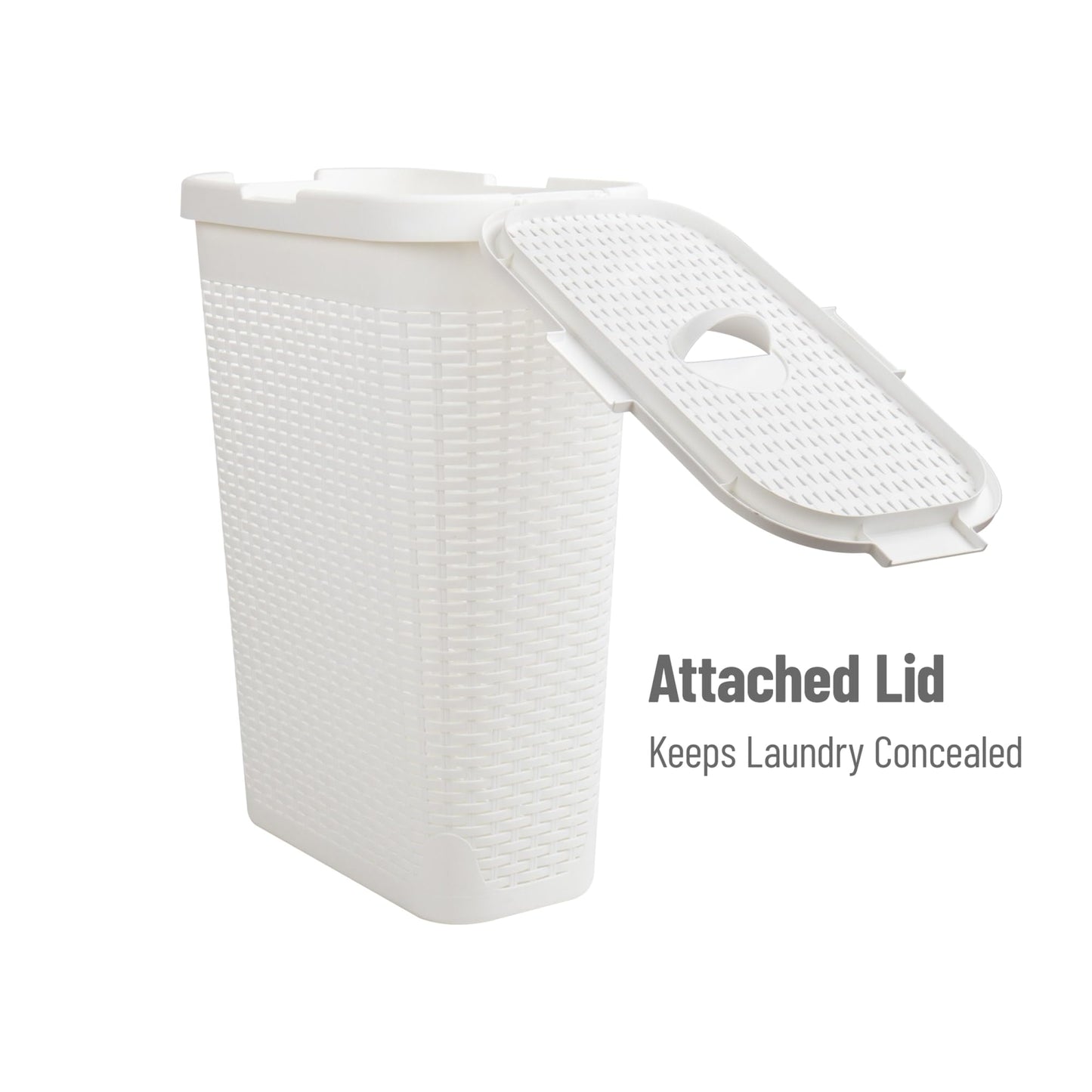 Mind Reader 40L Slim Laundry Hamper, Clothes Basket, Lid, Wicker Design, Plastic, 18"L x 10.4"W x 23.5"H, White
