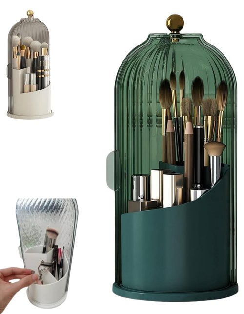 Concealed Toothbrush Holder, Makeup Brush Organizer with Clear Lid, 360 Rotating Dustproof Waterproof 3 Slots Makeup Brush Holder, for Dresser Tabletop Bathroom Countertop (Green)