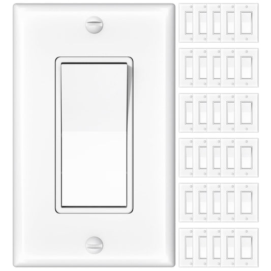 Amico 30 Pack Single Pole Light Switch with Wall Plate, UL Listed, 15A 120/277V, On/Off Rocker Paddle Interrupter Wall Switch, Grounding Screw, Residential Grade, Suitable for Home and Business, White