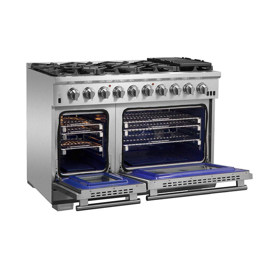 FORNO Capriasca Full Gas 48" Inch. Freestanding Range with 8 Sealed Burners Cooktop - 6.58 Cu.Ft. Double Gas Convection Oven Capacity, Stainless Steel Heavy Duty Cast Iron Grates.