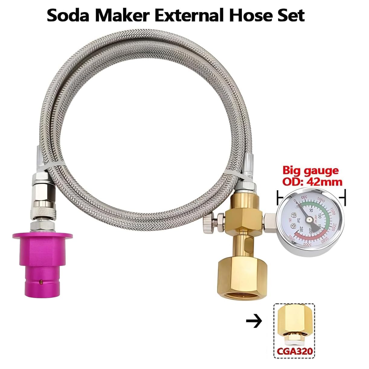 Soda Machine Co2 Adapter Quick Connector Adapter With High Pressure Stainless Steel Hose,Soda Water Maker Adaptor Compatible with Terra DUO Art Gaia Series 56inch with Gauge