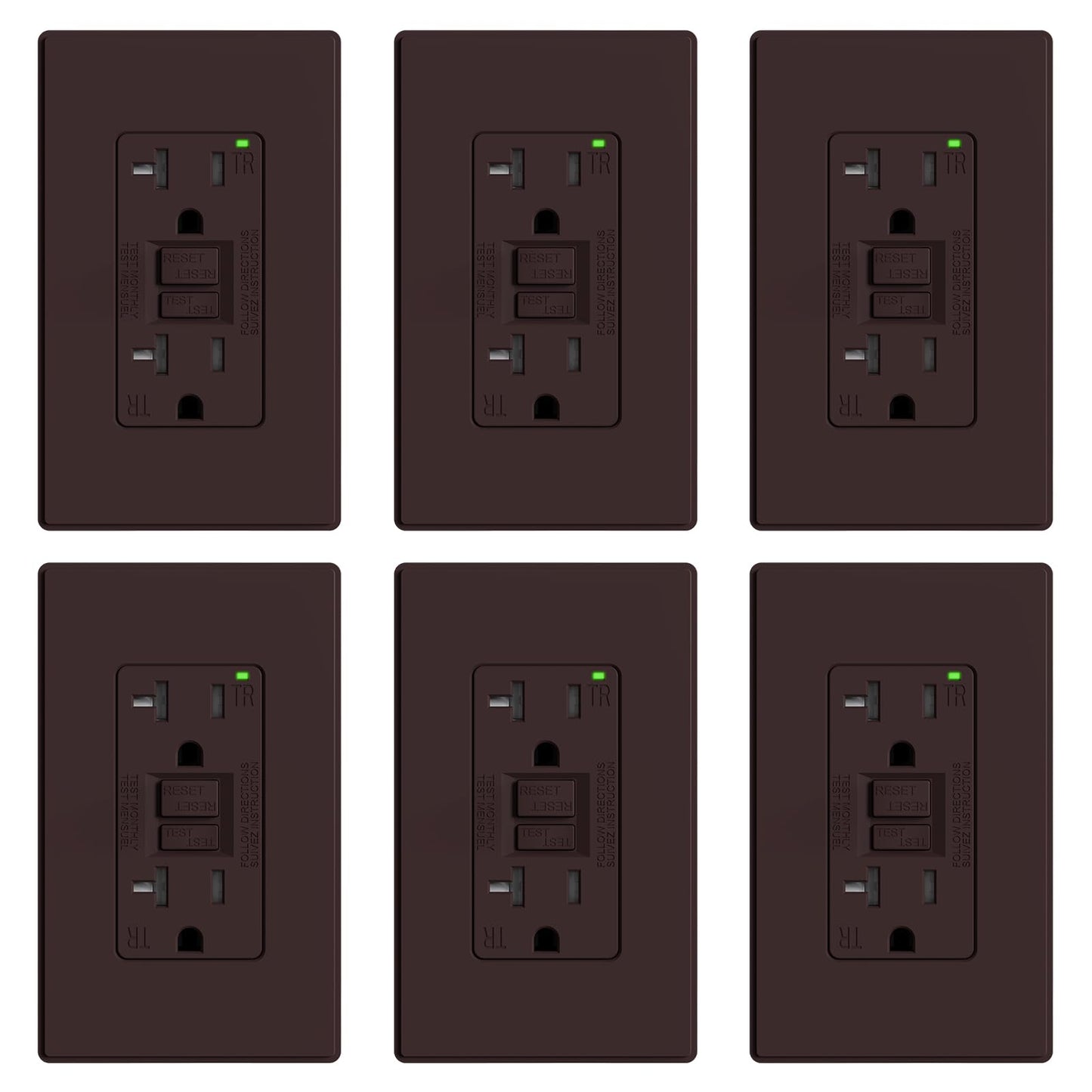 ELEGRP GFCI Outlet 20 Amp, Self-Test GFI Electrical Outlet with Thinner Design, TR Tamper Resistant GFCI Receptacle, Ground Fault Circuit Interrupters with Wall Plate, UL Listed, Brown, 6 Pack