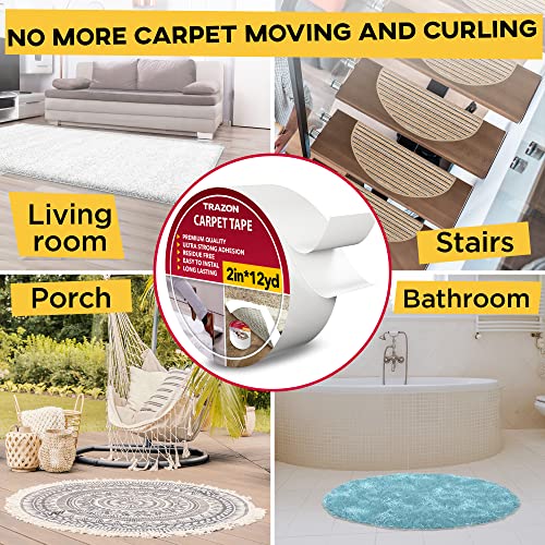 Trazon Double Sided Carpet Tape 2 Inch / 12 Yards Heavy Duty Rug Gripper for Hardwood Floors & Rugs