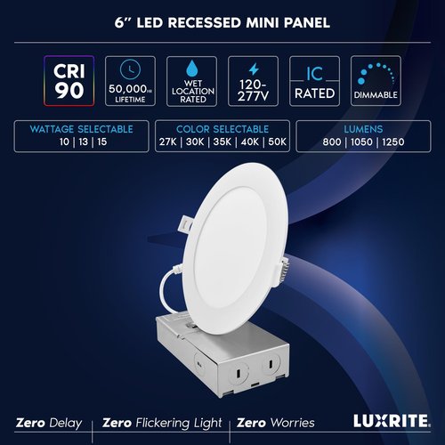 LUXRITE 6 Inch Canless Spotlight, LED Recessed Lighting, 5CCT 2700K-5000K, Dual Dimmable, 800/1050/1250 Lumens, CRI 90, 10W/13W/15W Selectable, 120-277V, IC Rated, Wet Rated, ETL Listed
