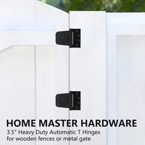 HOME MASTER HARDWARE Self-Closing Spring Gate Hinge 3-1/2" Heavy Duty Automatic T Hinges Steel Black Finish with Screws 2-Pack for Wood Fence Gate Vinyl Shed Door