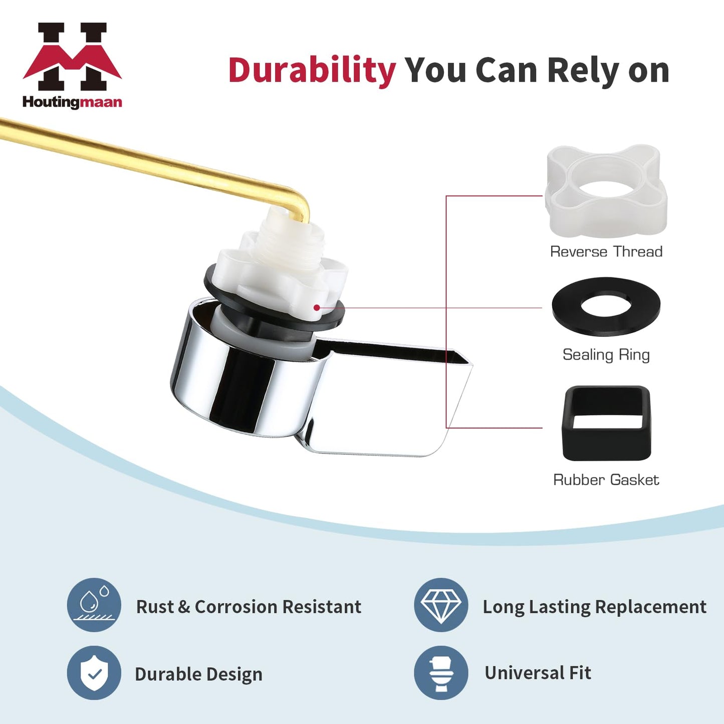 Houtingmaan Toilet Handle Replacement Kit,Toilet Handle Lever for Most Front Mount Toilets, Universal Brass Toliet Flush Handle Lever with Stainless Steel Flapper Chain,Chrome