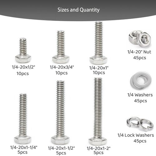 LUPANTER 180 pcs SAE Stainless Steel Nuts and Bolts Assortment Kit, Including 6 Sizes 1/4-20 Hex Bolts,Flat Washers, Lock Washers. Packaged by Plastic Box, Made by 304 Stainless Steel