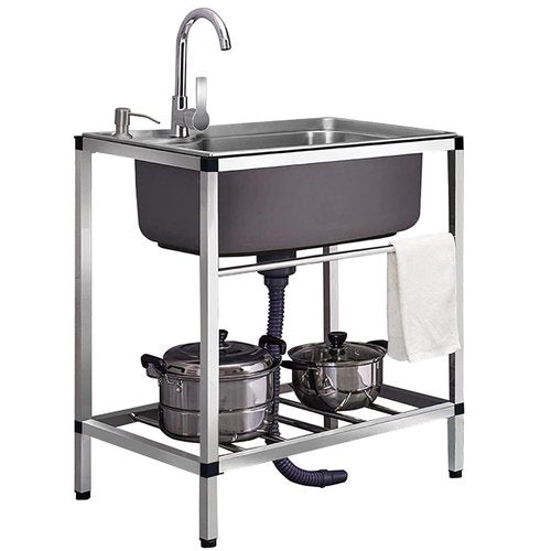 Utility Sink Stainless Steel Free Standing Single Bowl Kitchen Sink, with Cold and Hot Faucet Water Pipe Kit, Drain Basket, Shelf, for Kitchens, Bathrooms, Garage, Laundry Room(22.8 * 16.9 * 29.5in)