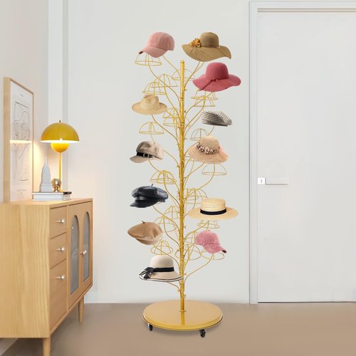 Fifizoo 35-hanger Metal Hat Rack, Retail Freestanding Hat Wig Display Stand, Floor-Standing Holder Stand for Hat Wig, Commercial Large Hats Organizer Cap Hanger (Gold)