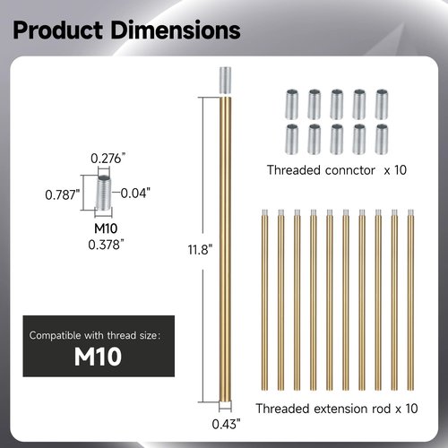 Lnrueg Brass Color M10 Threaded Extension Rod, 10 PCS 12 Inches Threaded Extension Rod for Pendant Light, Island Lighting, Chandeliers, Lighting Fixture Rods Stems (Brass Color)