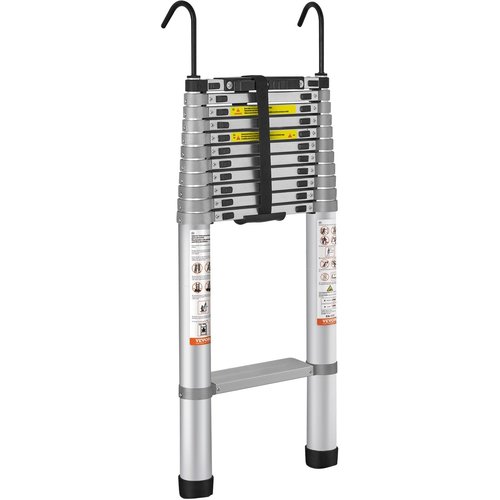 Telescoping Ladder, 15 FT Aluminum One-Button Retraction Collapsible Extension Ladder, 400 LBS Capacity with Non-Slip Feet, Portable Multi-Purpose Compact Ladder for Home, RV, Loft, ANSI Liste