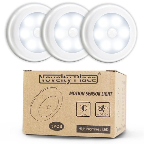 Novelty Place Super Bright LED Motion Sensor Lights - Cordless Battery Powered Built-in Magnets Optional Sticky Pads - Motion Sensing Bathroom Hallway Closet Nightlight - Pack of 3