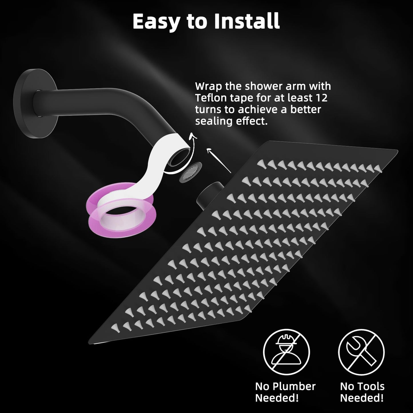 Hibbent All Metal 12 Inch Shower Head, High Pressure Stainless Steel Rain Showerheads, Bathroom Rainfall Showerhead with Ultra-thin Design, Adjustable Brass Ball Joint, Silicone Nozzles, Matte Black