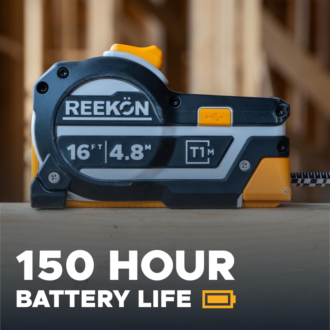 REEKON T1M Utility Digital Tape Measure 16 ft (English) – Bluetooth Smart Measuring Tool, 1/32” Accuracy, Saves 1000+ Measurements, LCD Display, 150 Hour+ Battery Life & Rechargeable