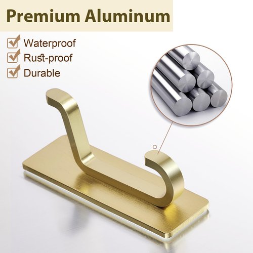 Josmimic Self Adhesive Wall Hooks for Hanging: Extra Strong 13 LB, Hook for Coat, Towel in Bathrooms, Shower, Kitchen, Wall, Door Hook, Gold 4 Pack
