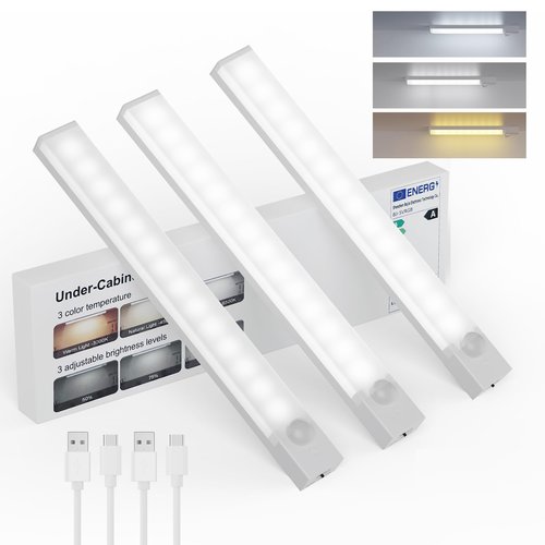 Rihvy Under Cabinet Lighting 8 Inches Rechargeable Motion Sensor Light Indoor, 3 Color Dimmable Closet Light Battery Operated, USB Stick on LED Magnetic Under Counter Lights for Kitchen Stair, 3 Packs