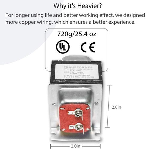 VIIVRIA 24V 40VA Doorbell Transformer - Heavy-Duty Copper Core for Ring Pro/2 & Nest Hello, Easy Install Hardwired Power Supply, Thermostat/Chime Compatible