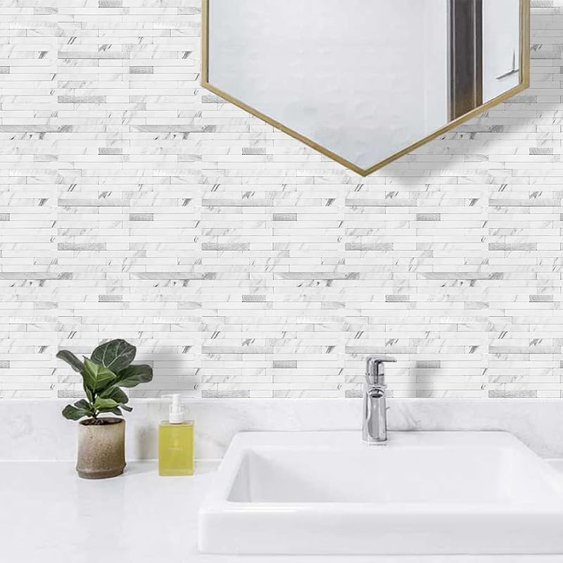 AULIGET 20 Sheets Faux Marble Peel and Stick Backsplash Tiles with Metal Silver Accents, 6x12 Inch PVC Wall Coverings for Kitchen