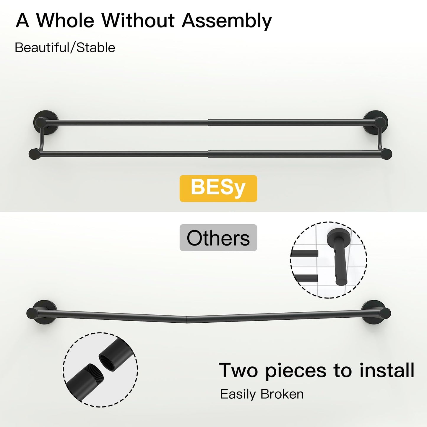 BESy Adjustable 16-26 Inches Double Bath Towel Bar for Bathroom SUS304 Stainless Steel Towel Holder, Hotel Style Wall Mount with Screws Hand Towel Bar Towel Rack Rod Hanger, Matte Black Finish