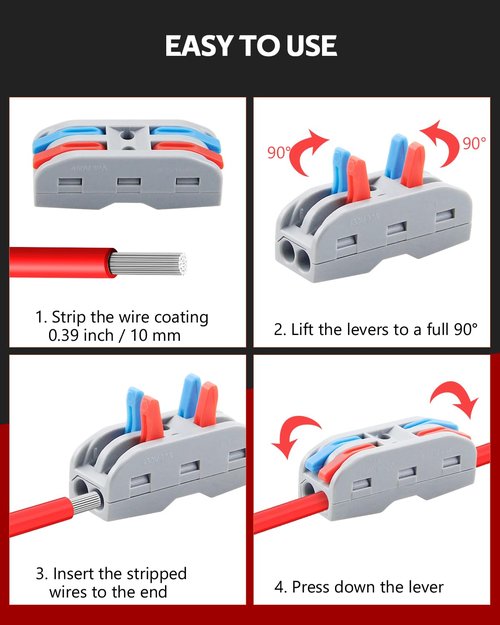 ALITOVE Lever Wire Connectors Push-in 10pcs Quick Connect Wire Splice Connectors Compact Inline Terminals for Electrical Wire Splicing Project, 28-12 AWG, 2 in 2 Out