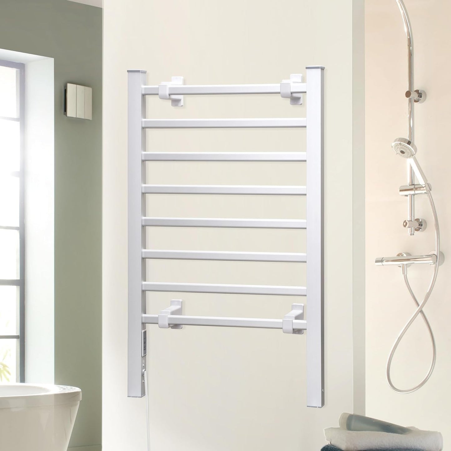 KEG Towel Warmer 8 Bars for Bathroom Freestanding or Wall Mounted Bath Towel Heater Plug-in with Built-in Timer Silver