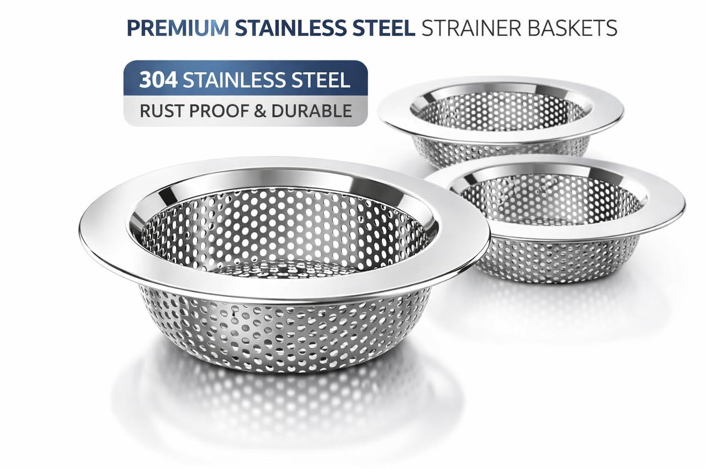 Sink Strainer Basket (3 Pack) – 304 Stainless Steel Kitchen Drain Strainer, Anti-Clog Sink Drain Catcher, Rustproof, Fits 4.4” Standard Sink
