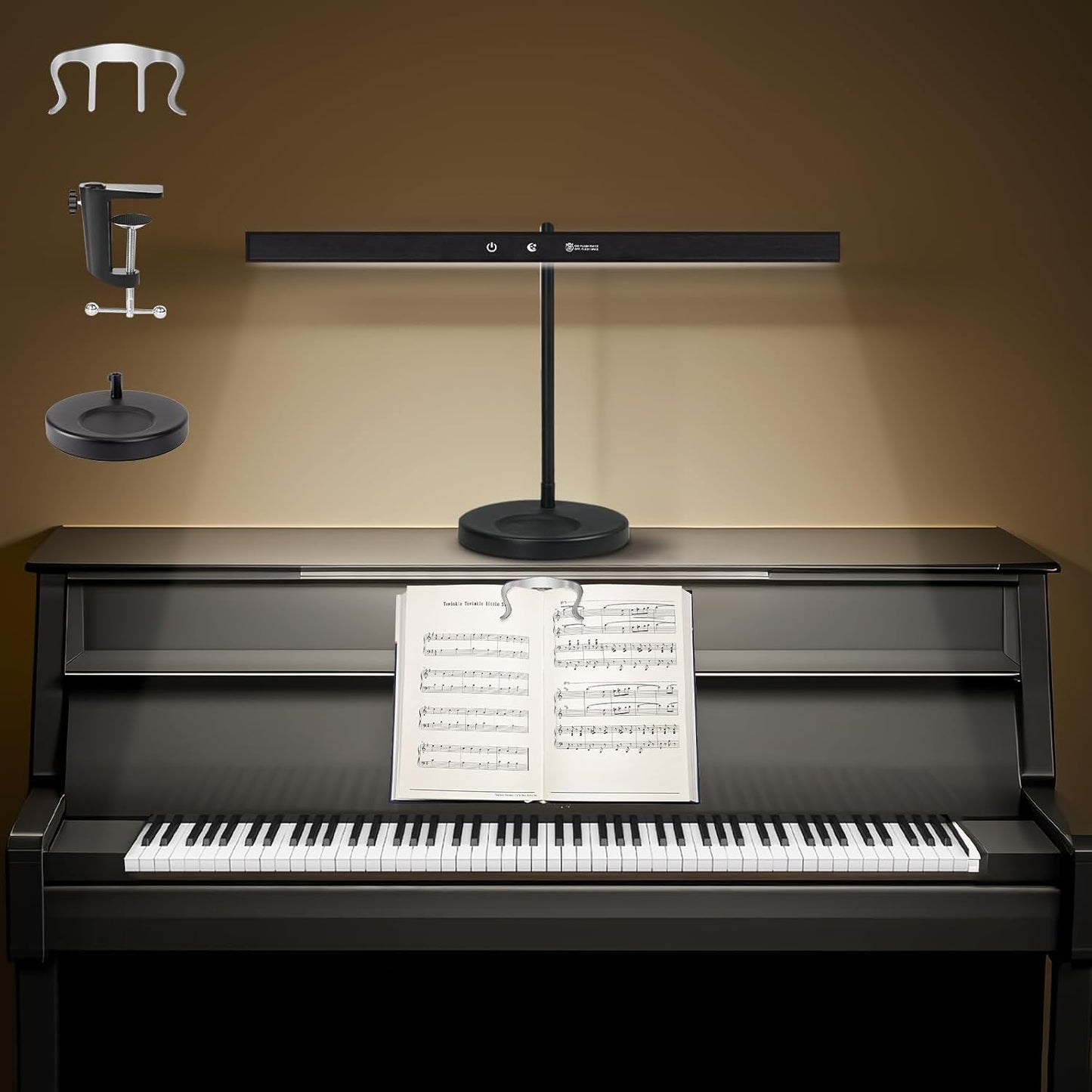 DUDUDU 17" Dimmable LED Piano Light, 2-in-1 Clamp Base Piano Lamp Flexible Gooseneck with 3 Colors Modes, Adjustable Height & Direction for Grand/Upright/Digital Pianos, Sheet Music & Studio Lighting
