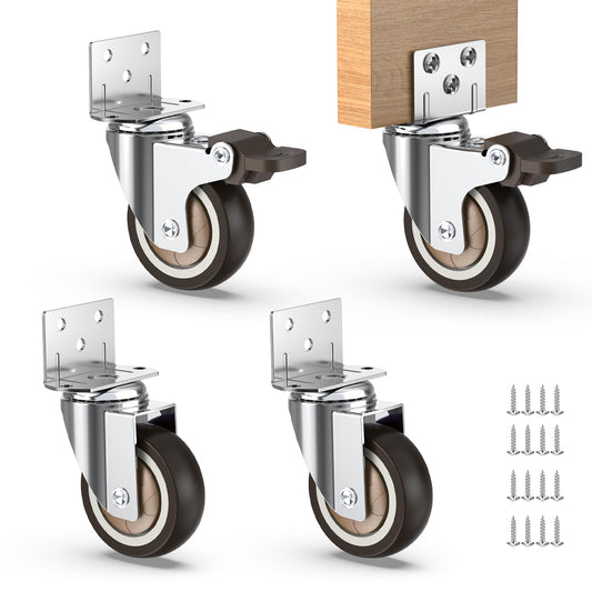 HOLKIE 2 Inch Side Mount Casters Set of 4 Supporting Up to 250 LBS Heavy Duty Furniture Wheels with Thickened L-Shaped Mounting Plate Ideal for Coffe Tables、Plant Stands、Cribs（2 with Brakes）
