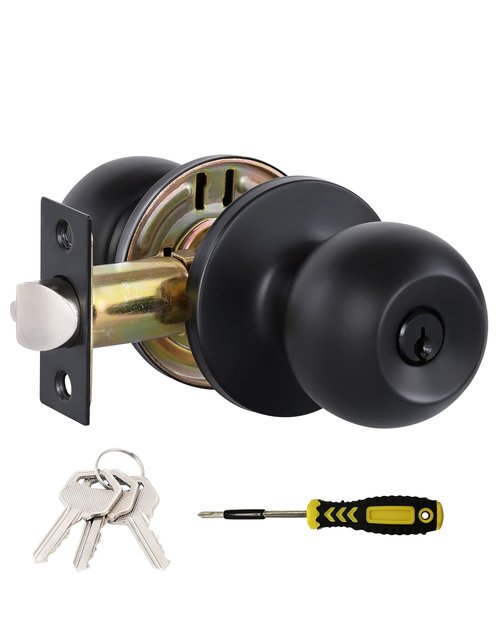 Lanwandeng Matte Black Door Knobs with Lock and Keys, Interior/Exterior Door Knob for Bedroom or Bathroom, Entry Door Lock
